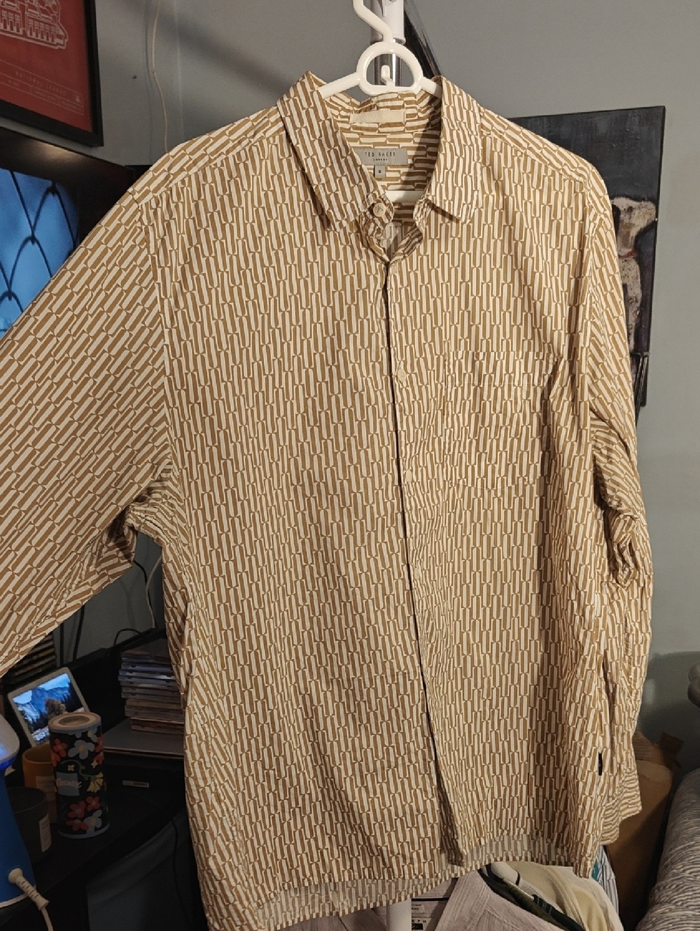 Ted Baker Tan Geometric Print Long-Sleeve Button-Down Shirt